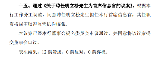 北京银行：同(🌭)意聘任明立松为首席信息官